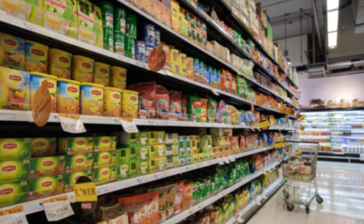 CPG food products in a grocery store including RTD tea.