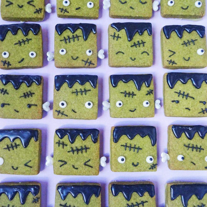 Square cut, green, frosted Frankenstein matcha dessert cookies