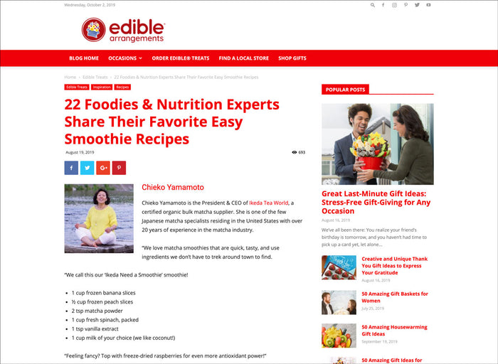 Chieko Yamamoto featured on edible arrangements website with a recipe for a matcha smoothie