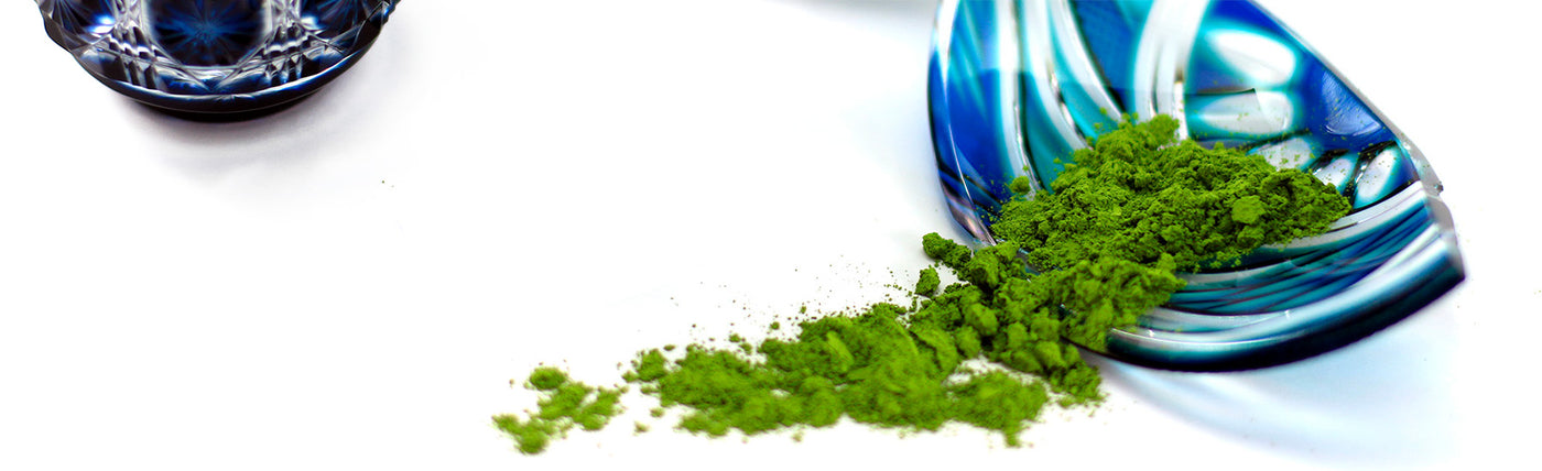 bulk matcha green tea on Satsuma Kiriko glass from Kagoshima, Japan